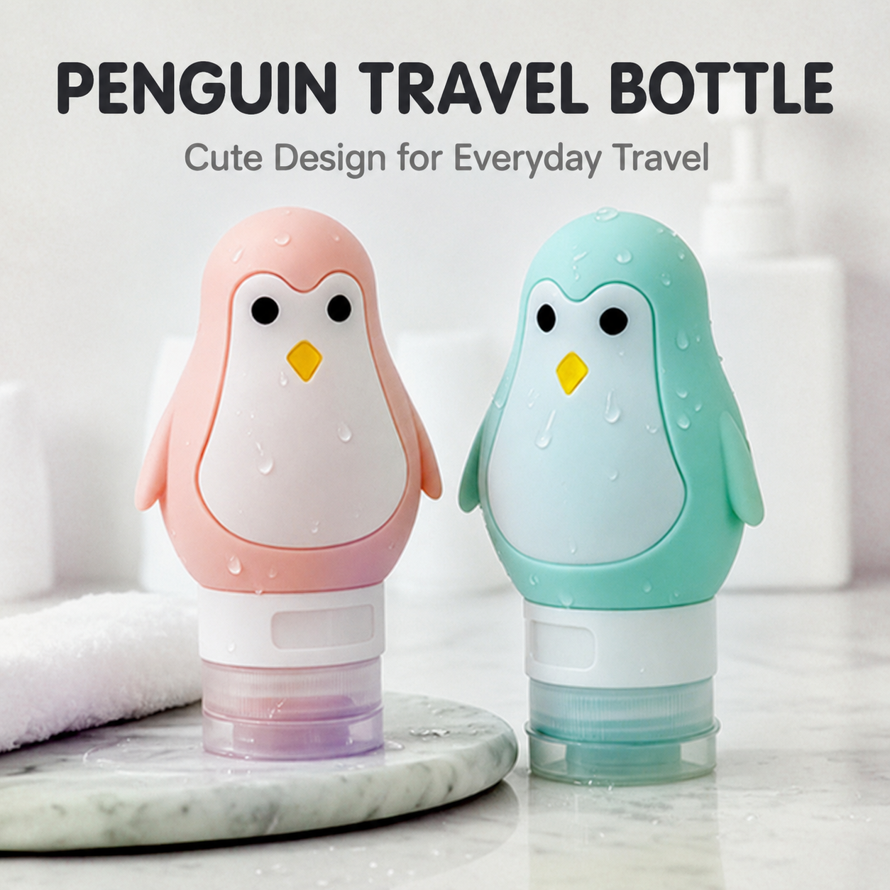 Pink and mint green 90ml penguin travel squeeze bottles in a bathroom setting