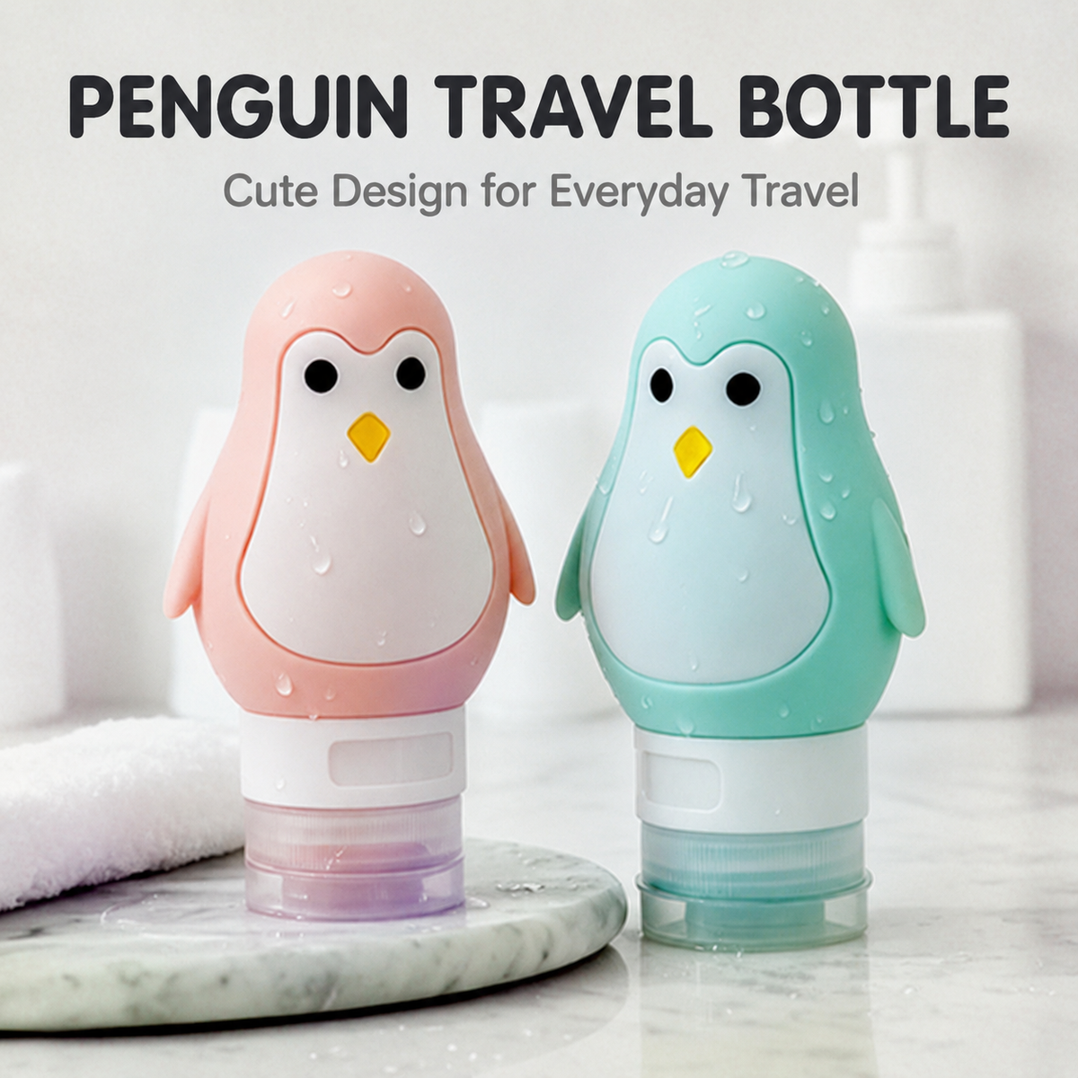 Pink and mint green 90ml penguin travel squeeze bottles in a bathroom setting