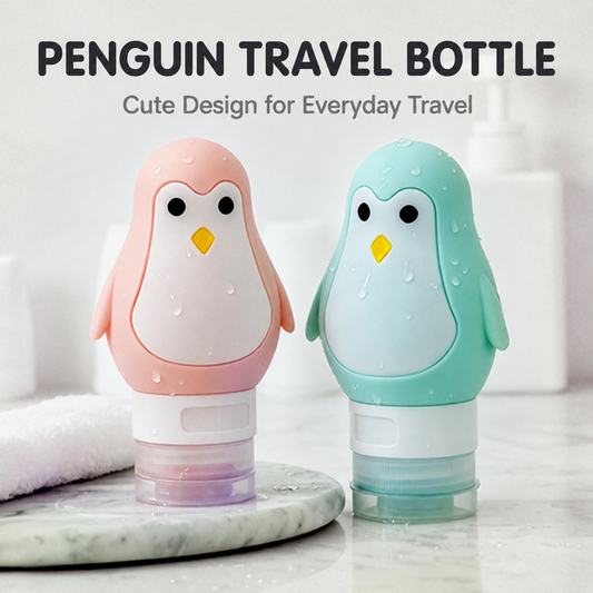 Pink and mint green 90ml penguin travel squeeze bottles in a bathroom setting
