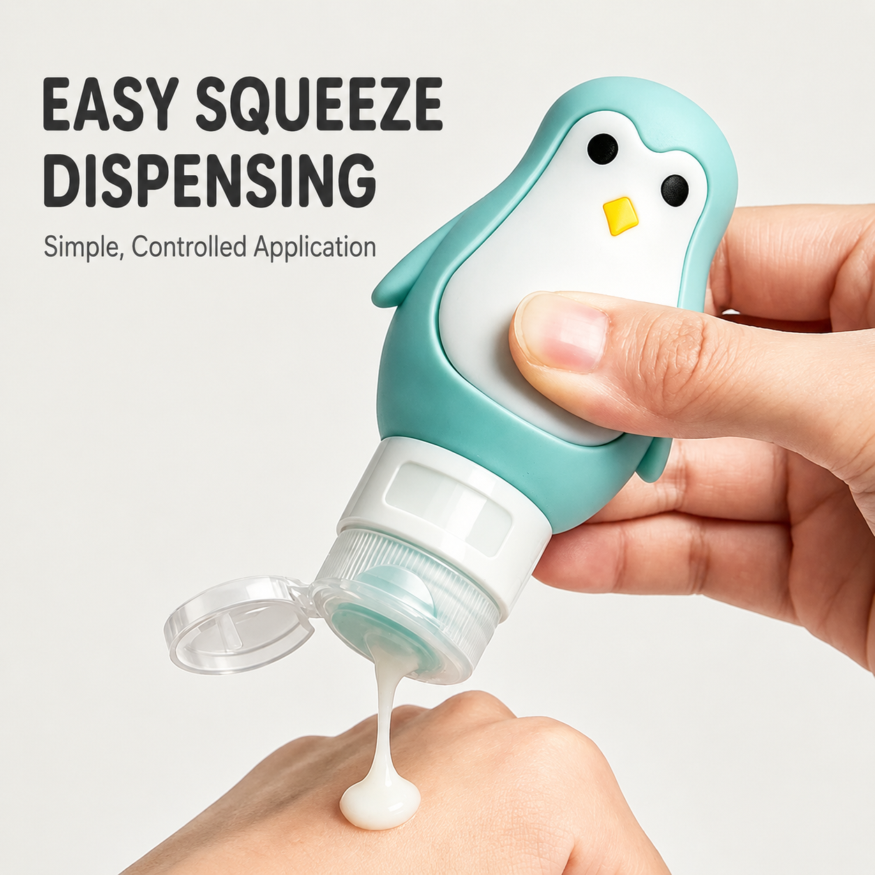 Mint green penguin travel bottle dispensing lotion onto a hand