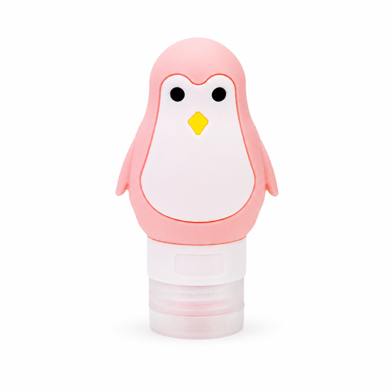 Pink penguin travel squeeze bottle on a white background