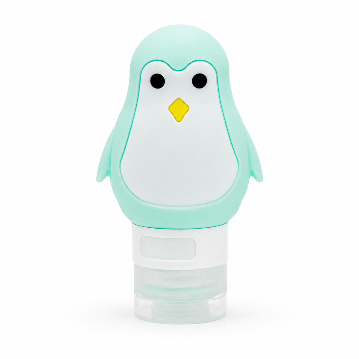 Mint green penguin travel squeeze bottle on a white background