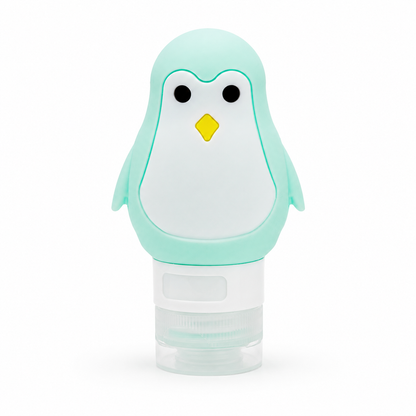 Mint green penguin travel squeeze bottle on a white background