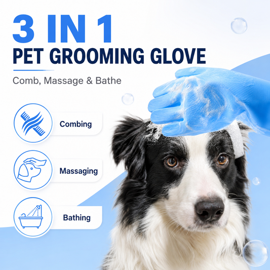 3 in 1 pet grooming glove for dogs, designed for combing, massaging, and bathing during pet care