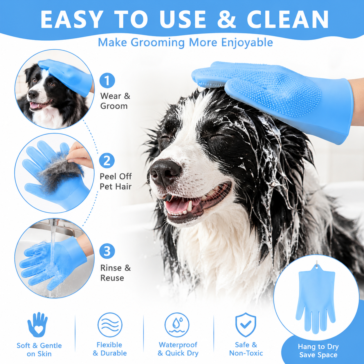 Silicone Pet Grooming Gloves for Bathing, Massage & Hair Removal