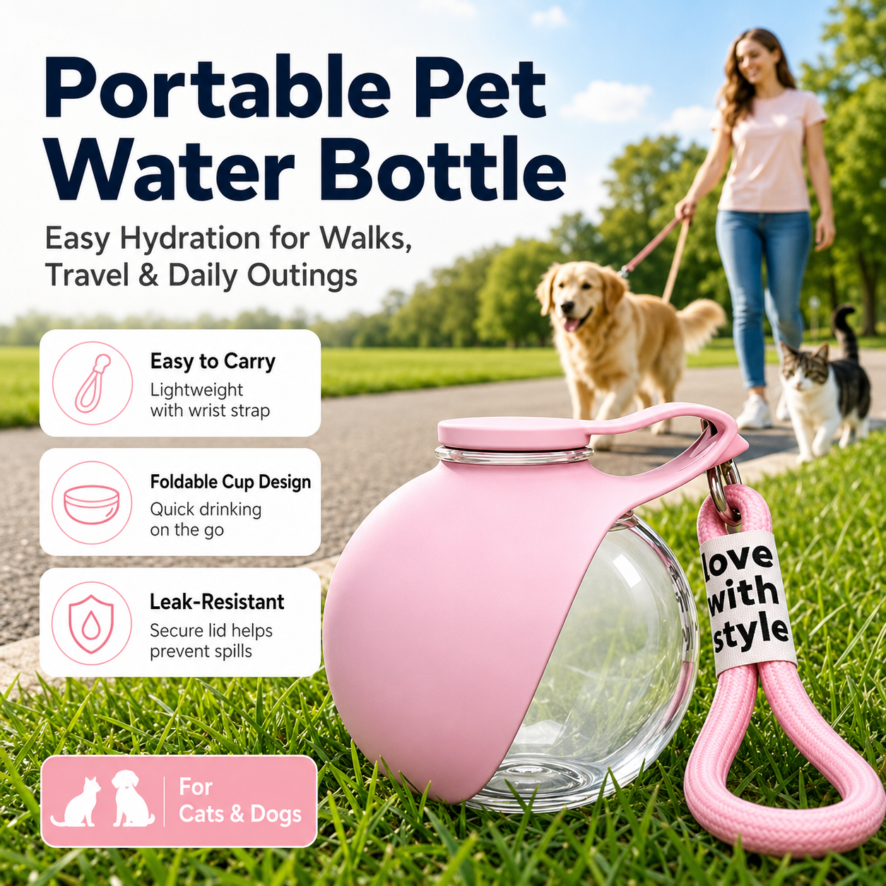 Portable pink pet water bottle with foldable drinking bowl, wrist strap, and leak-resistant design for cats and dogs on walks or travel.