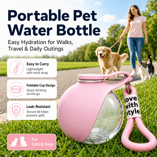 Portable pink pet water bottle with foldable drinking bowl, wrist strap, and leak-resistant design for cats and dogs on walks or travel.