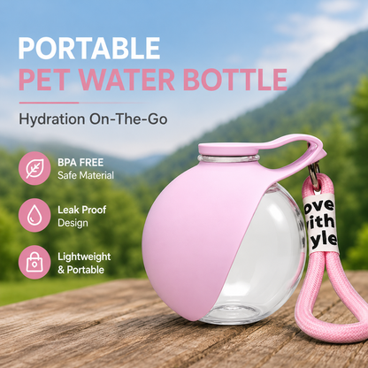 Portable pink pet water bottle featuring BPA-free material, a leak-proof design, and a lightweight build for outdoor walks and travel.