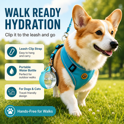Portable pet water bottle clipped to a dog leash, providing hands-free hydration for cats and dogs during walks, travel, and outdoor activities.