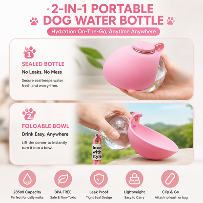 2-in-1 portable pet water bottle with a sealed 285ml container and foldable drinking bowl for easy hydration during walks and travel.
