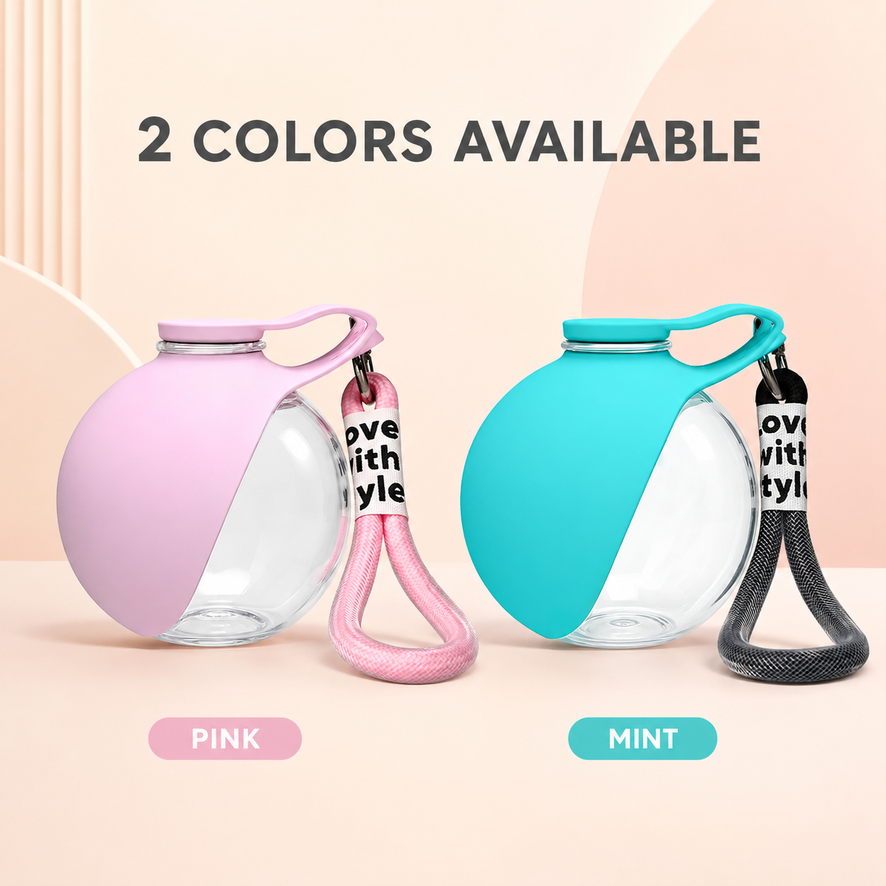 Portable pet water bottles in pink and mint color options, each featuring a foldable drinking bowl and convenient carry strap.