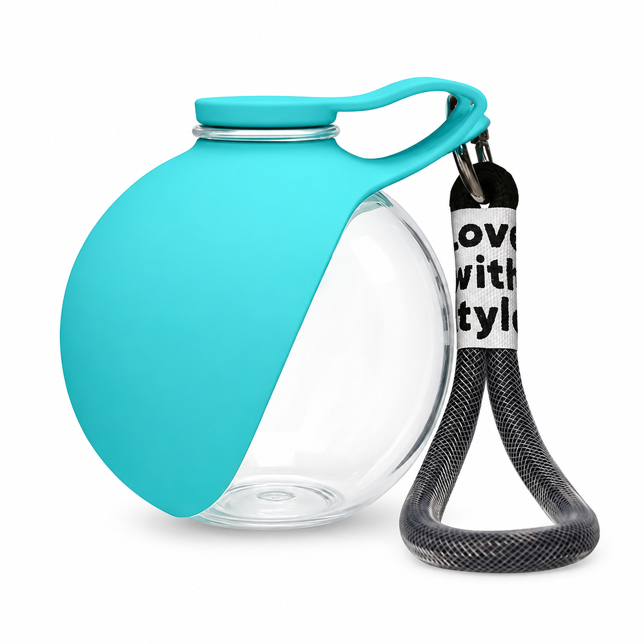 Mint portable pet water bottle with a foldable silicone drinking bowl and black wrist strap for cats and dogs.
