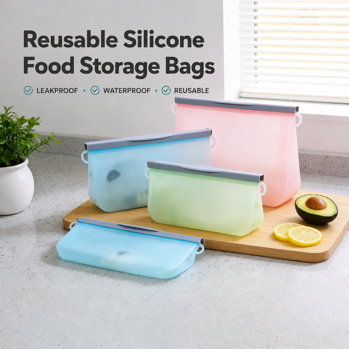 Reusable silicone food storage bags with slide-lock seals