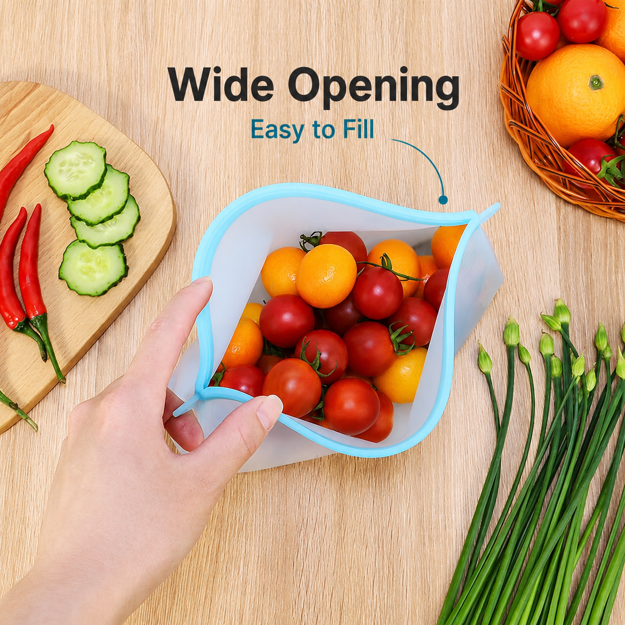 Wide-opening silicone food storage bag for easy filling