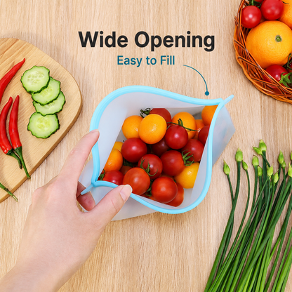 Wide-opening silicone food storage bag for easy filling