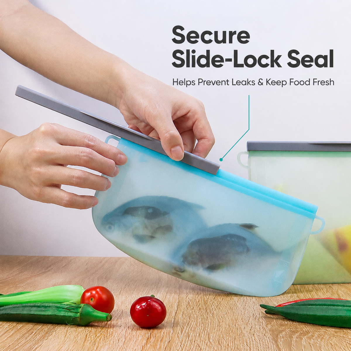 Secure slide-lock seal on reusable silicone food storage bag