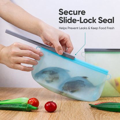 Secure slide-lock seal on reusable silicone food storage bag