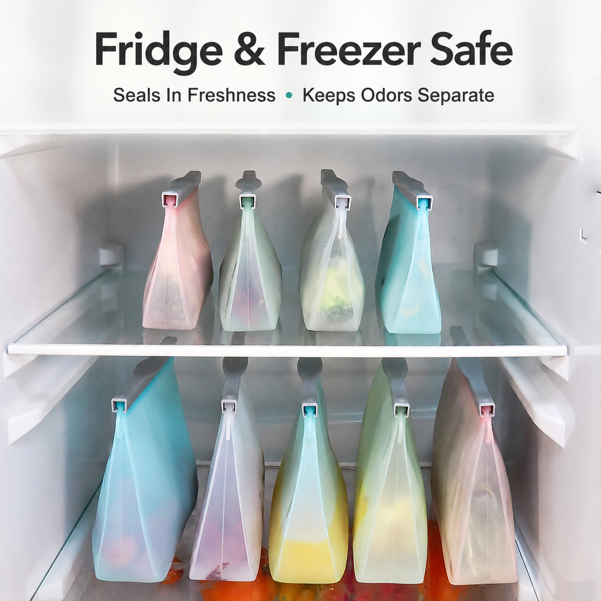 Reusable silicone bags for refrigerator and freezer storage