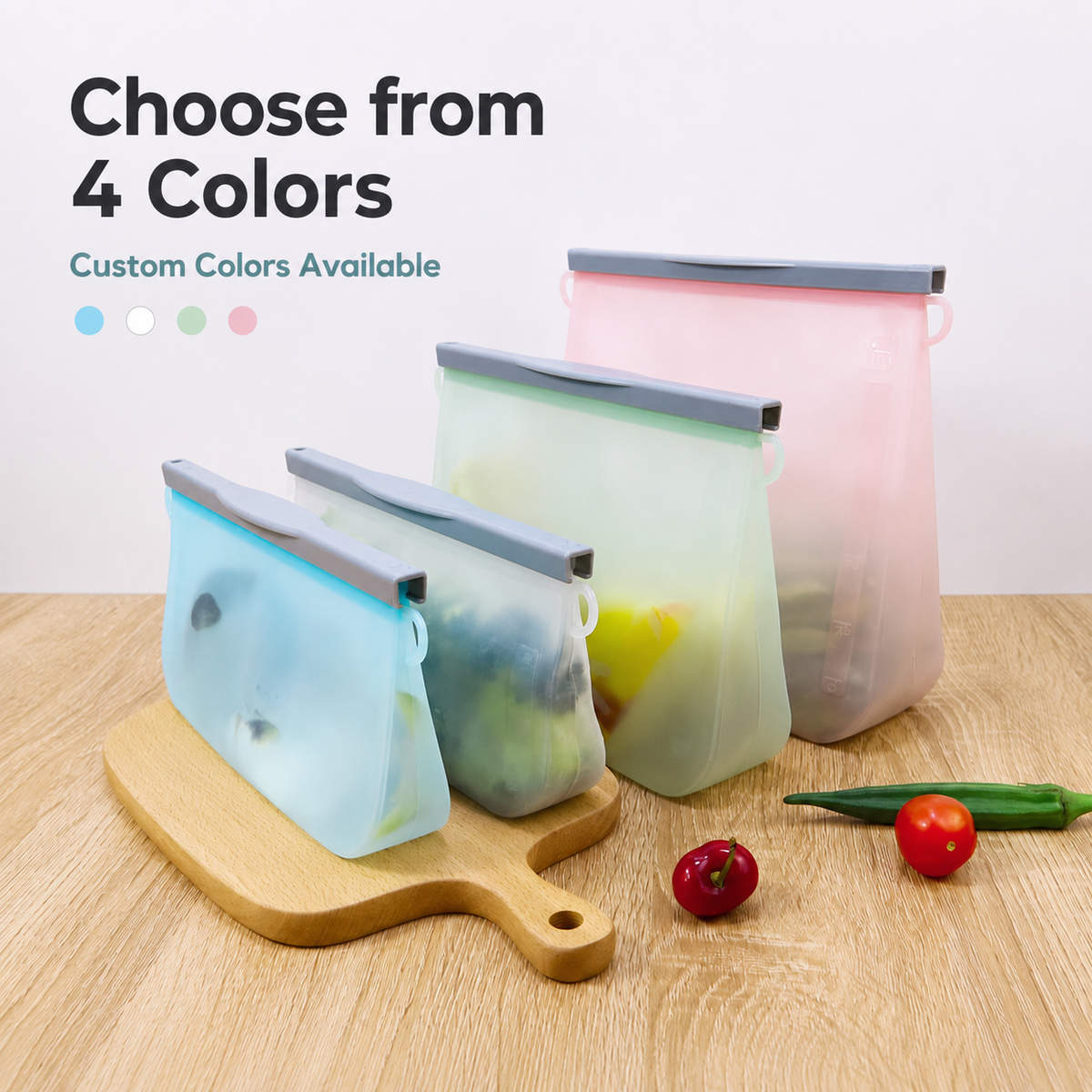 Reusable silicone food storage bags in four colors