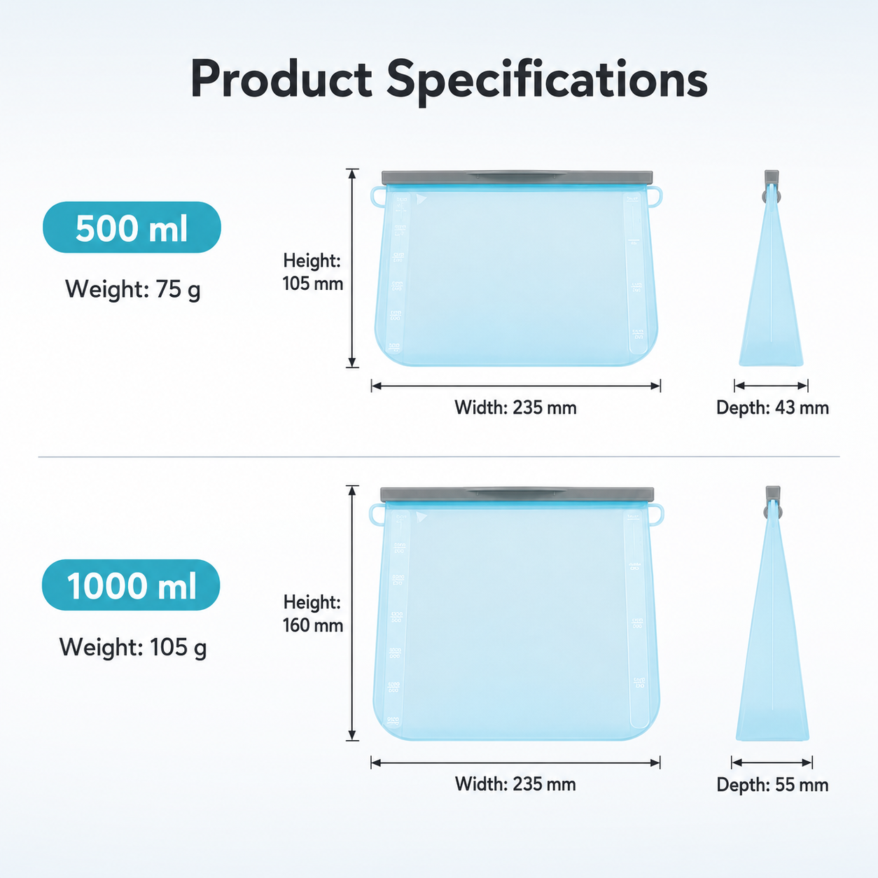 00 ml and 1000 ml silicone food storage bag dimensions