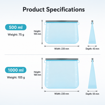 00 ml and 1000 ml silicone food storage bag dimensions