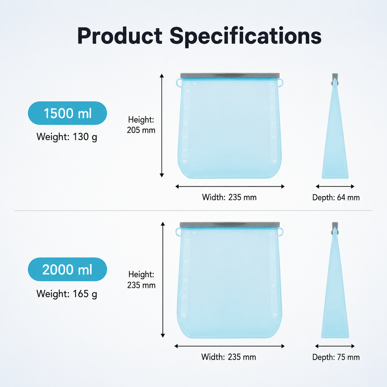 1500 ml and 2000 ml silicone food storage bag dimensions