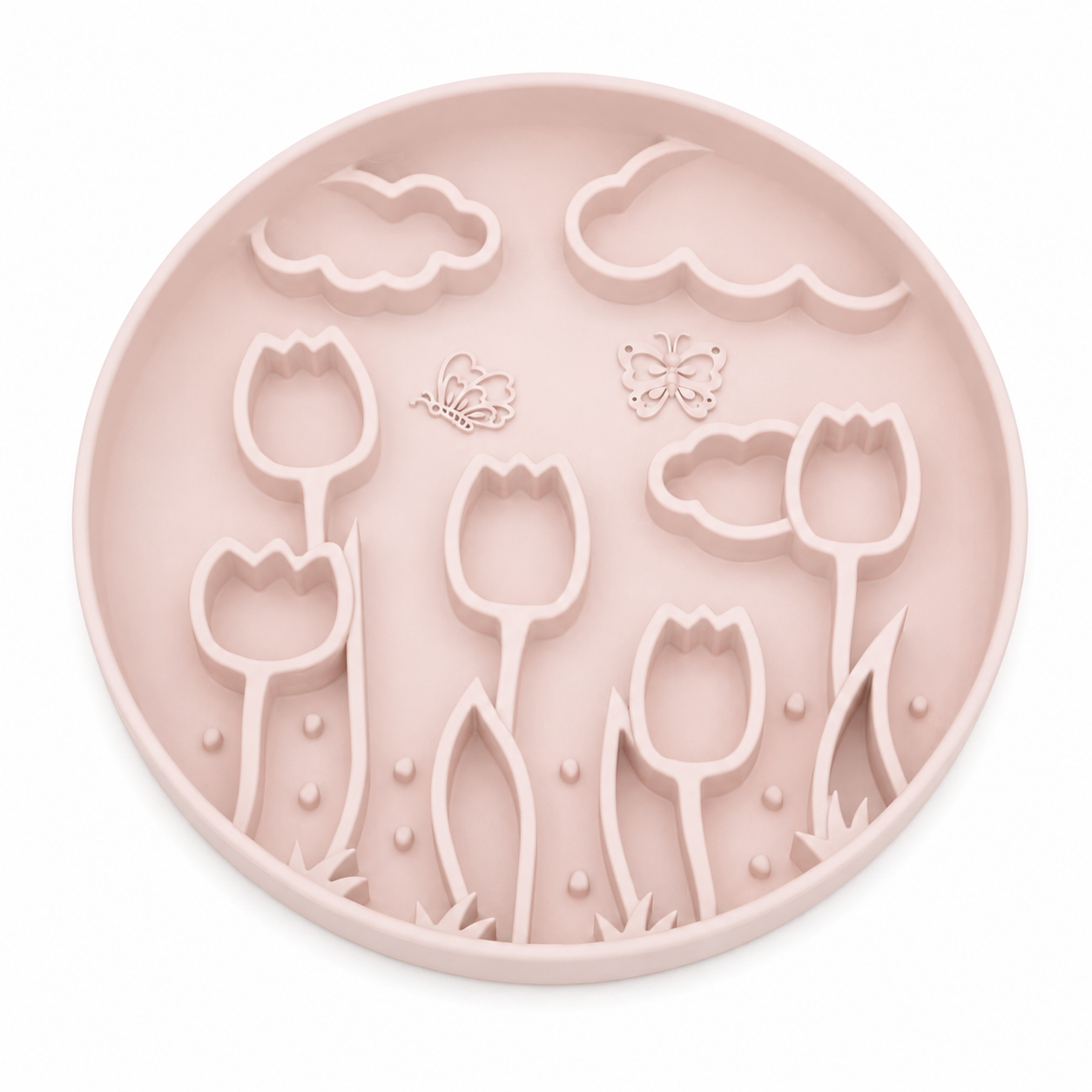 Sakura pink silicone pet slow feeder bowl with raised tulip, butterfly, cloud, and floral garden patterns