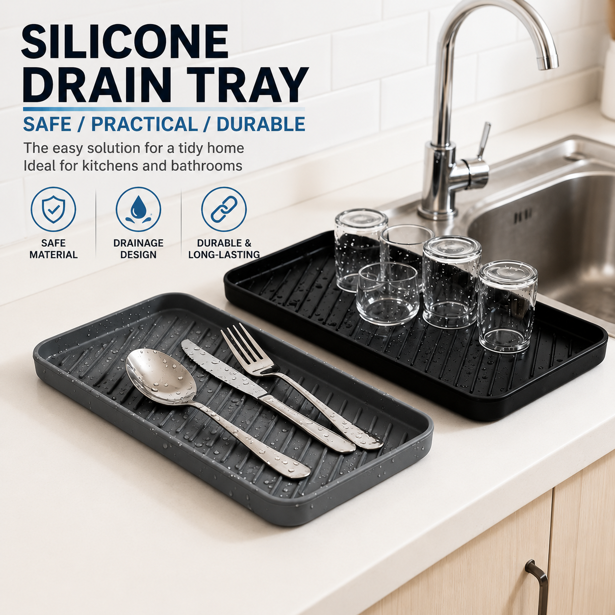 Food grade silicone drain tray for drying dishes, utensils and glasses on kitchen countertop