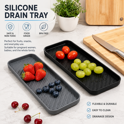 Food grade silicone drain tray used as fruit serving tray and kitchen organizer