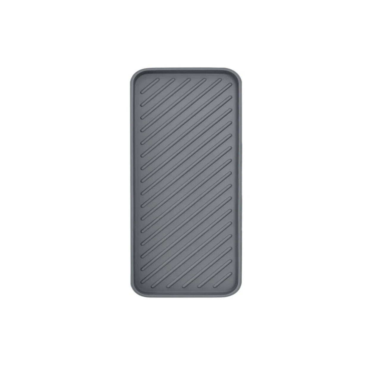 Gray silicone drain tray with raised grooves for kitchen and bathroom countertop organization