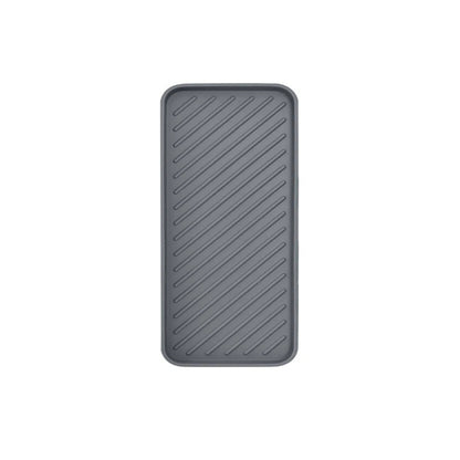Gray silicone drain tray with raised grooves for kitchen and bathroom countertop organization