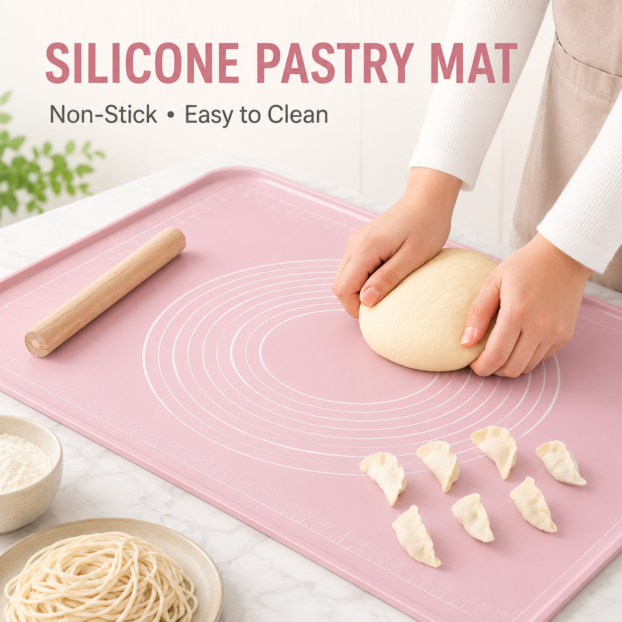 Pink non-stick silicone pastry mat with measurement guide for kneading and rolling dough