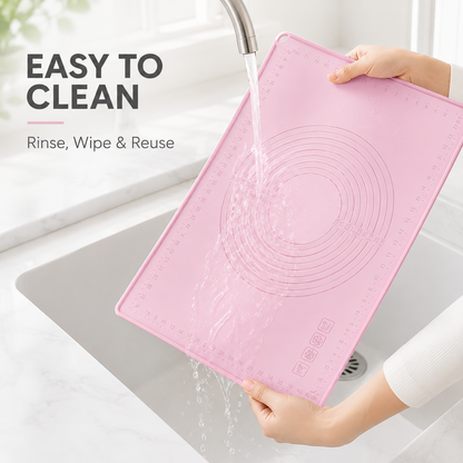 Reusable silicone pastry mat rinsed under water for easy cleaning