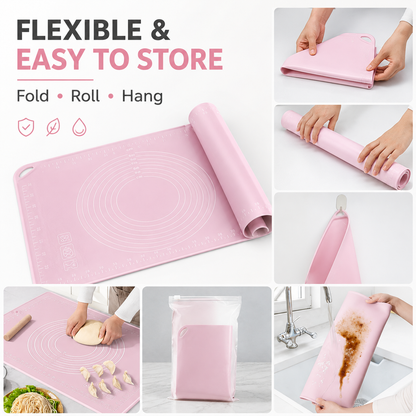 Flexible silicone pastry mat rolled, folded and hung for compact storage