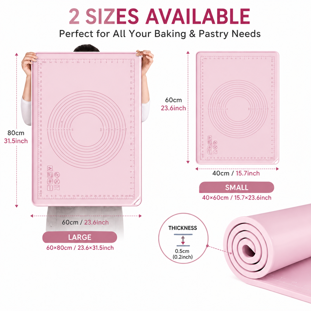 Silicone pastry mat available in 40 x 60 cm and 60 x 80 cm sizes with 0.5 cm thickness