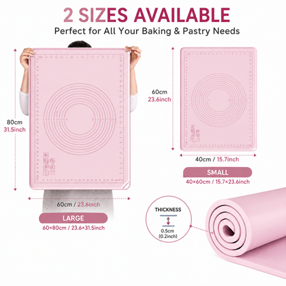 Silicone pastry mat available in 40 x 60 cm and 60 x 80 cm sizes with 0.5 cm thickness