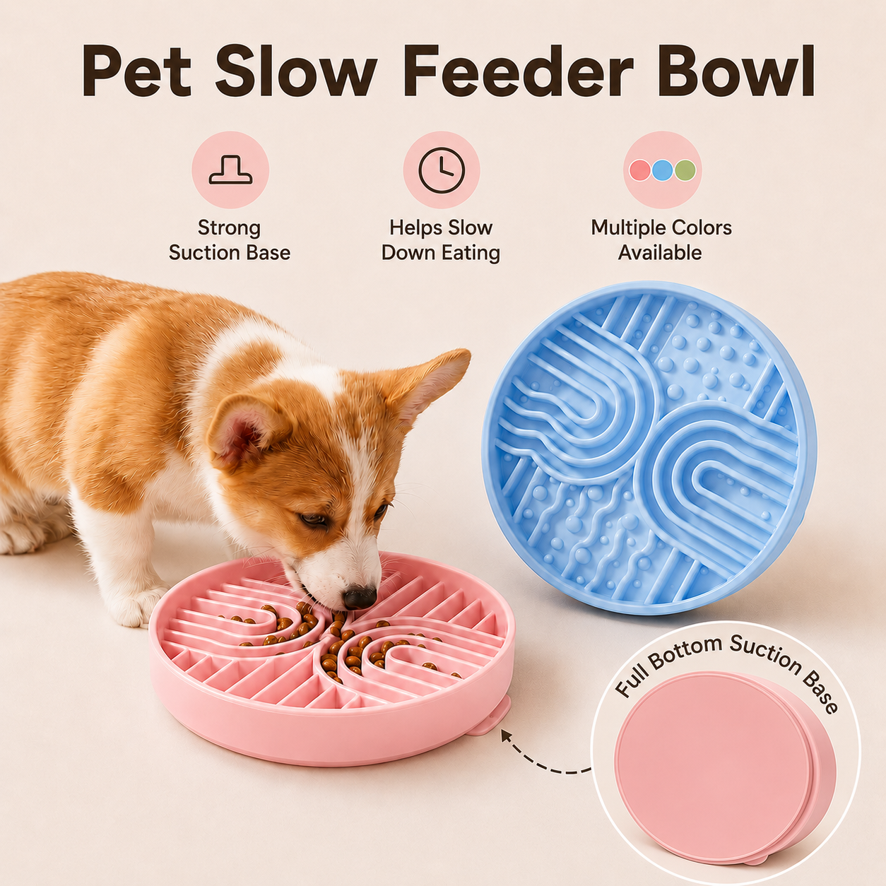 Silicone pet slow feeder bowl with puppy eating, full bottom suction base, raised maze design to slow down eating, multiple colors available.