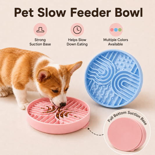 Silicone pet slow feeder bowl with puppy eating, full bottom suction base, raised maze design to slow down eating, multiple colors available.