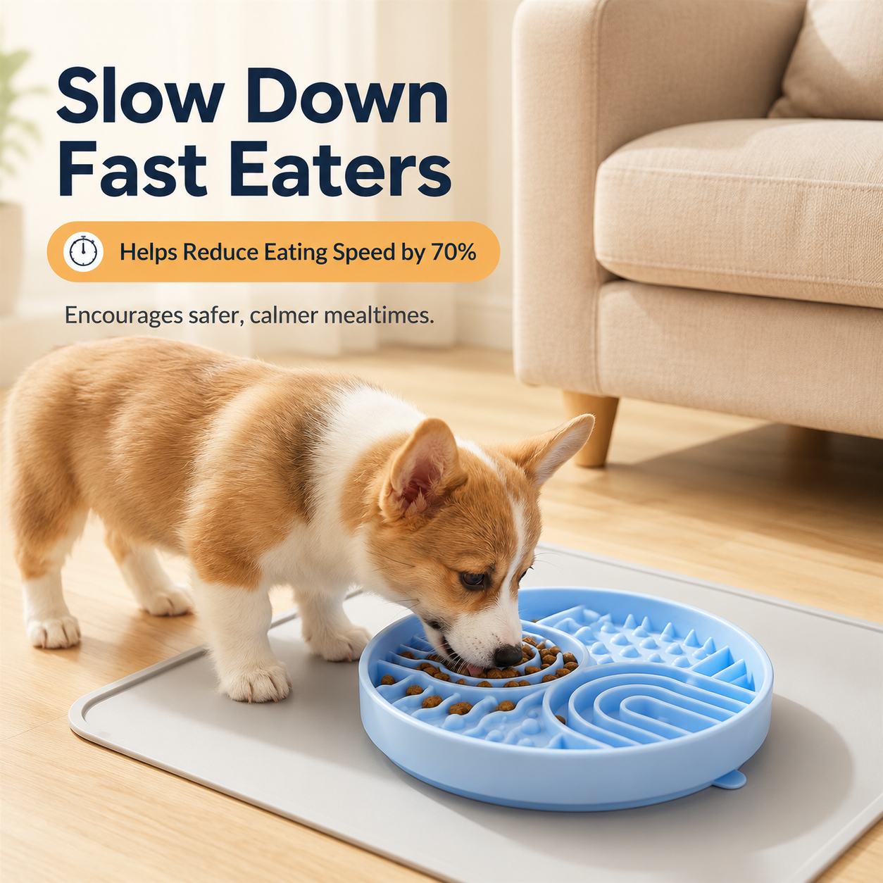 Corgi puppy eating from blue silicone pet slow feeder bowl on feeding mat, designed to slow down fast eating and support calmer mealtimes.