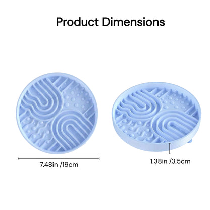 Blue silicone pet slow feeder bowl with product dimensions, 7.48 inch diameter and 1.38 inch height, raised maze design for slow feeding.