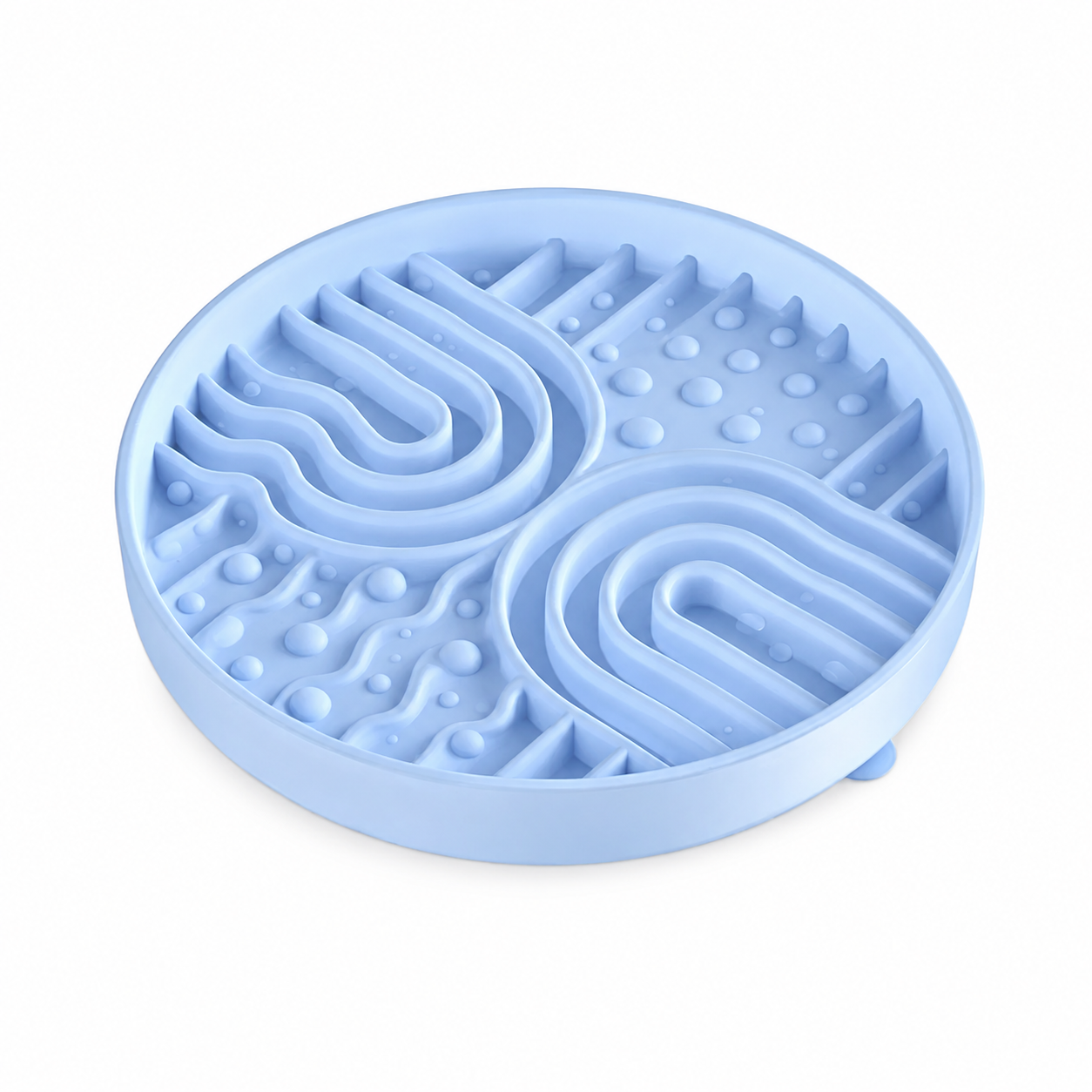 Blue silicone pet slow feeder bowl on white background, featuring raised maze patterns and textured bumps to help pets eat more slowly.