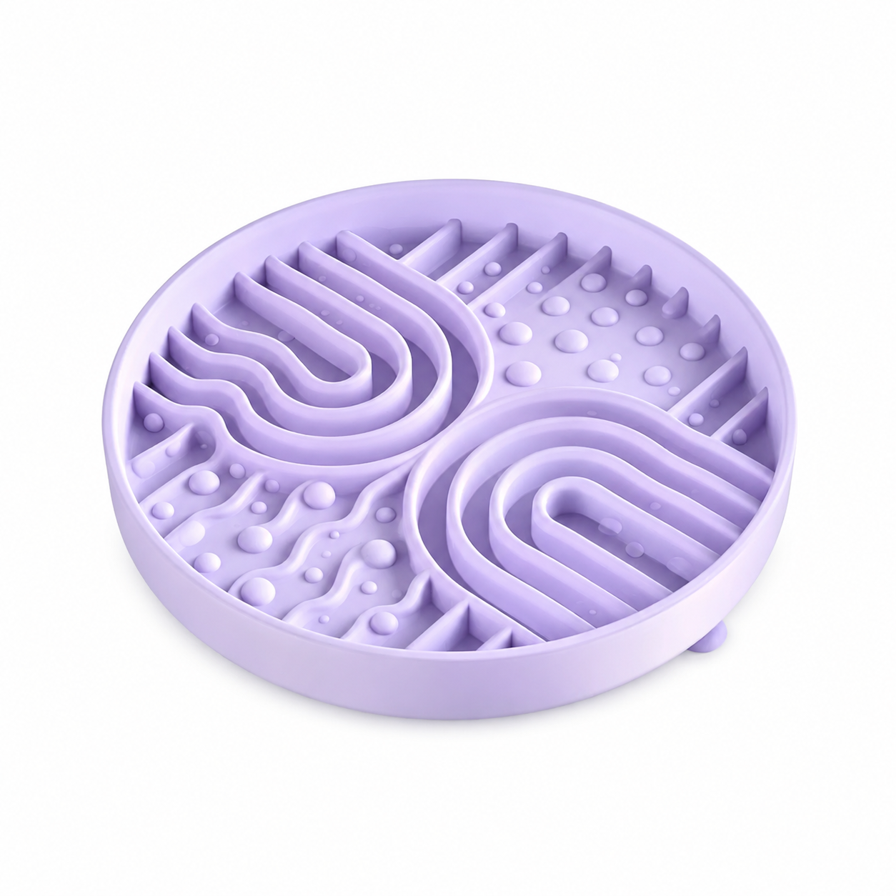 Purple silicone pet slow feeder bowl on white background, featuring raised maze channels and textured bumps to support slower pet feeding.