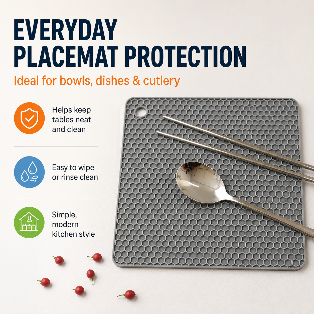 Gray honeycomb silicone placemat used with spoon and chopsticks, designed for bowls, dishes and cutlery with easy-clean textured surface.