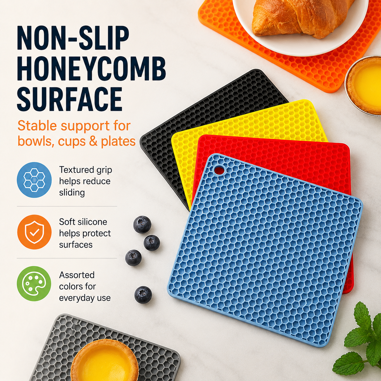Colorful honeycomb silicone placemat set with non-slip textured surface, suitable for bowls, cups, plates and everyday kitchen table protection.