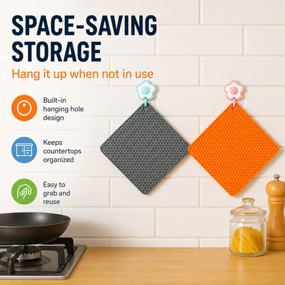 Honeycomb silicone placemat with built-in hanging hole, shown hanging on kitchen wall for space-saving storage and easy reuse.