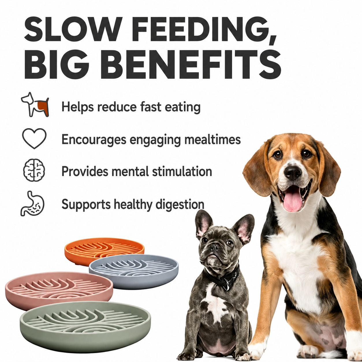 Silicone slow feeder dog bowls designed to reduce fast eating, encourage engaging mealtimes and support healthy digestion