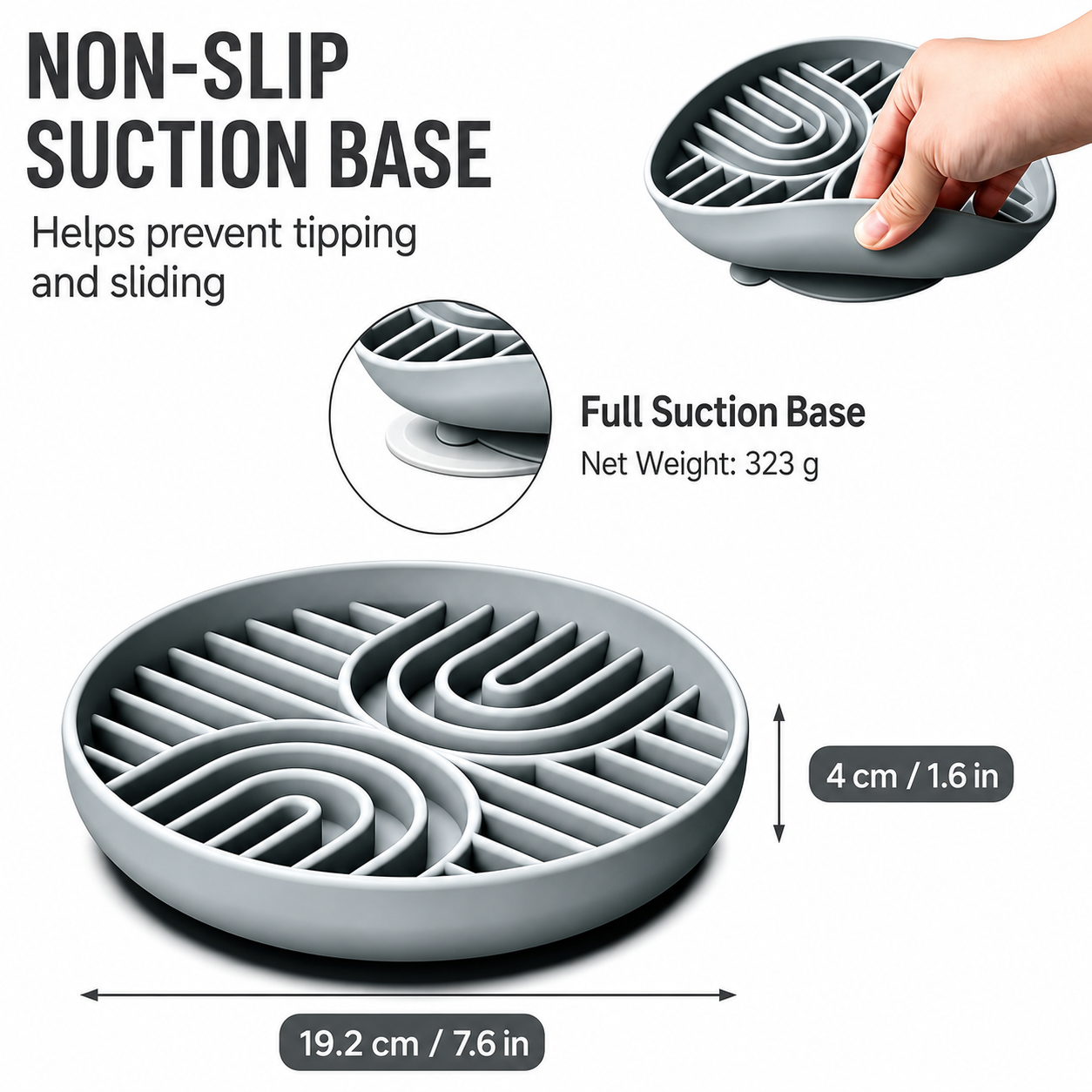 Gray silicone slow feeder dog bowl with non-slip suction base, measuring 19.2 cm wide and 4 cm high