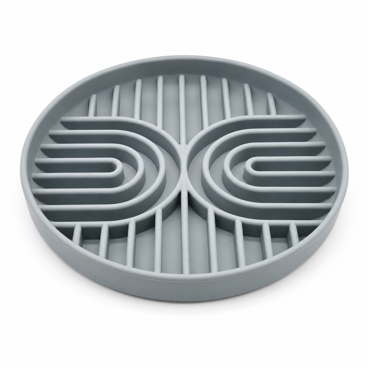 Gray silicone slow feeder dog bowl with raised maze design and suction base