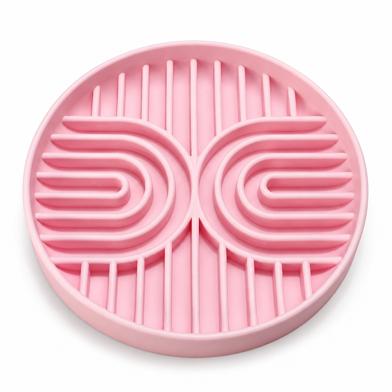 Pink silicone slow feeder dog bowl with raised maze design and suction base