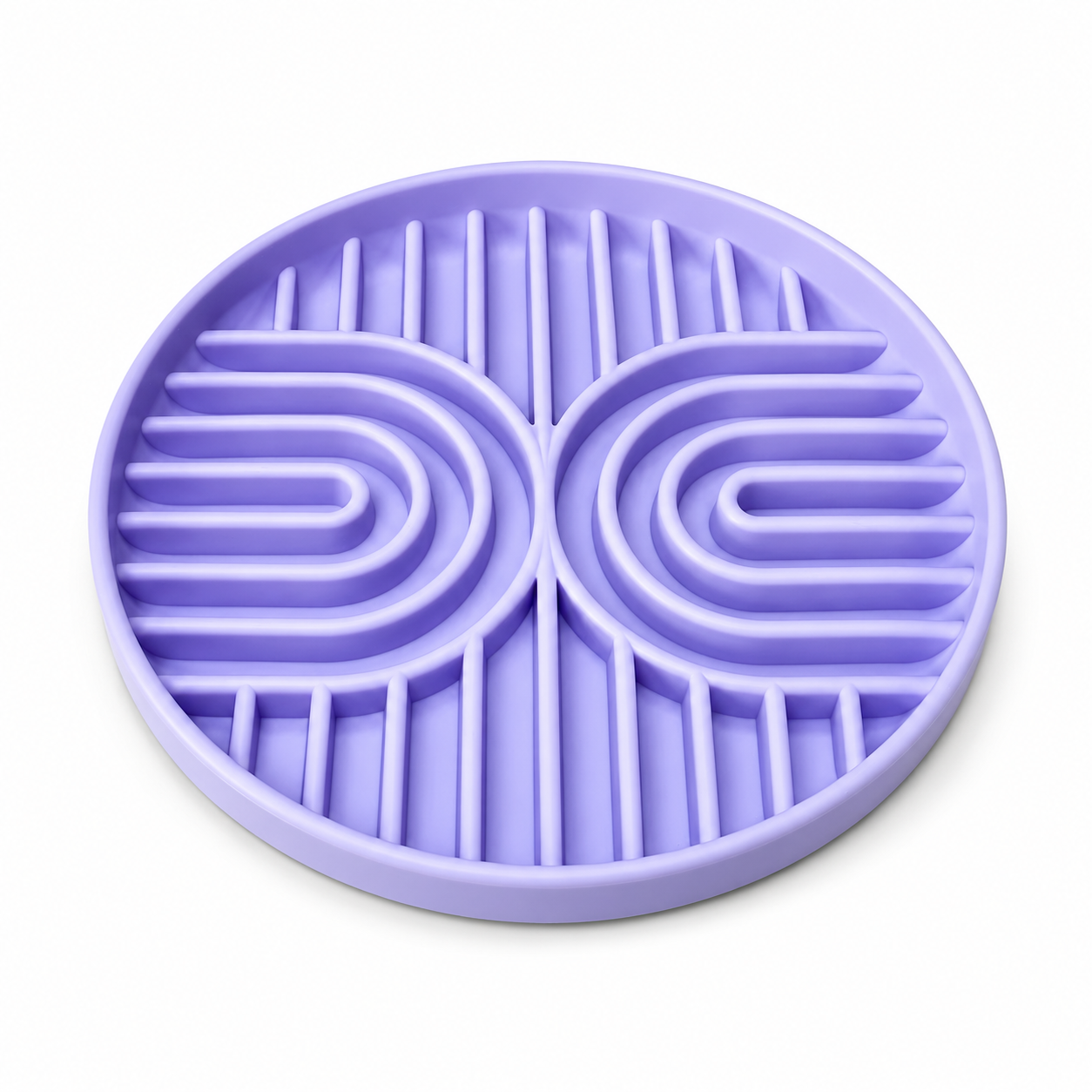 Purple silicone slow feeder dog bowl with raised maze design and suction base